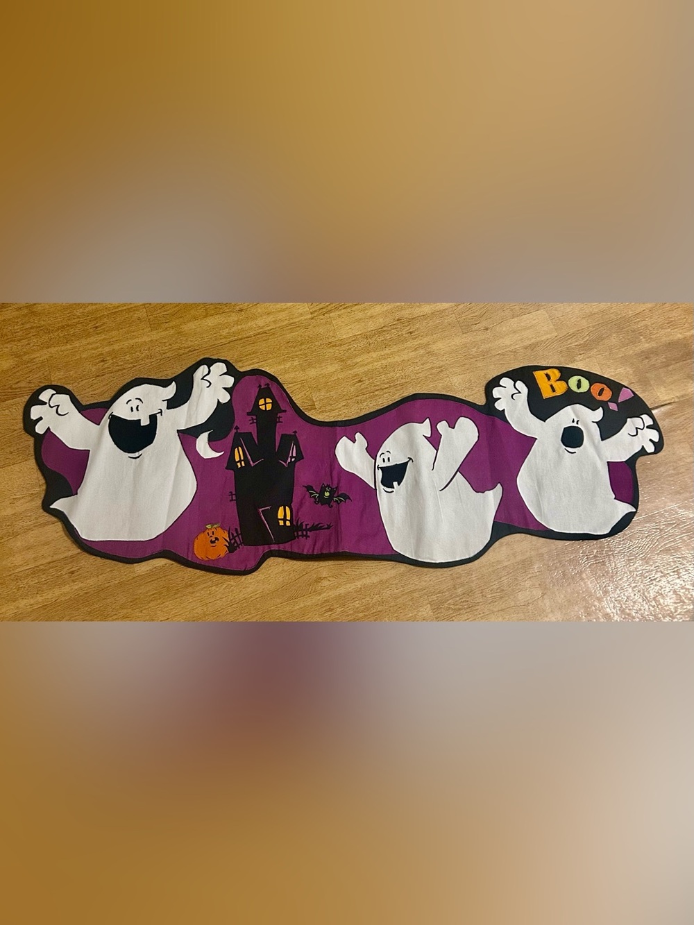 Adorable Halloween “BOO” Ghost Table Runner 
12”-14” width x 41 1/2”